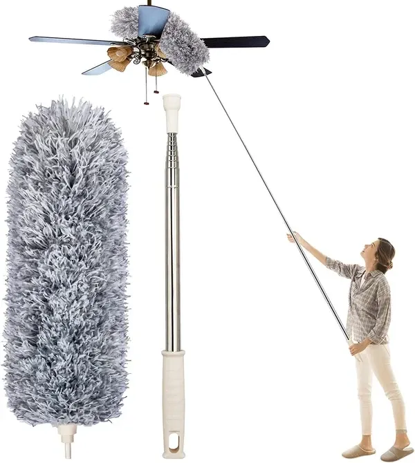 Retractable washable curved microfiber duster dusting a shelf